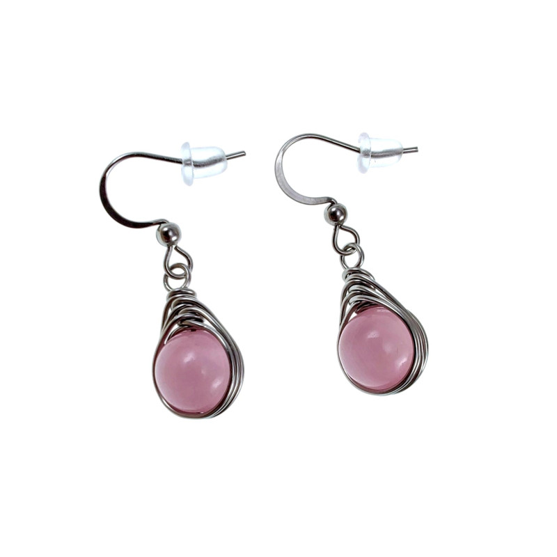 Dames RVS Haakoorbellen met Roze Kattenoogsteen - Handgemaakt Dames RVS Haakoorbellen met Roze Kattenoogsteen - Handgemaakt