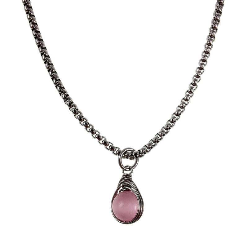 60cm x 3mm Jasseron-Ketting + Roze Kattenoogsteen Hanger Dames - RVS - Handgemaakt Visgraattechniek Steen Hanger met Ketting
