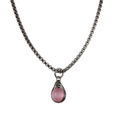 RVS Jasseron-Ketting + Roze Kattenoogsteen Hanger Dames - Handgemaakt
