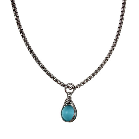RVS Jasseron-Ketting + Turquoise Kattenoogsteen Hanger - Handgemaakt