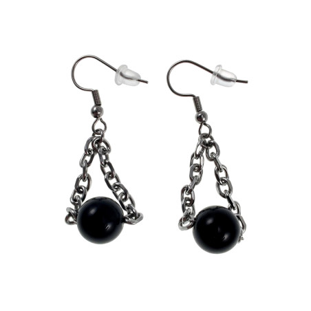 RVS Lange Haakoorbellen met Ovale Schakelketting en Obsidiaansteen