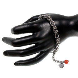 Dames RVS Byzantijnse en Ovale Schakelarmband met Rode Kattenoogsteen