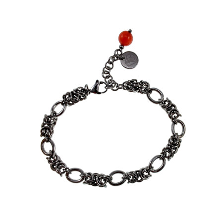 Dames RVS Byzantijnse en Ovale Schakelarmband met Rode Kattenoogsteen