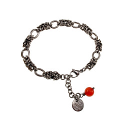 Dames RVS Byzantijnse en Ovale Schakelarmband met Rode Kattenoogsteen