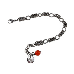 Dames RVS Byzantijnse en Ovale Schakelarmband met Rode Kattenoogsteen