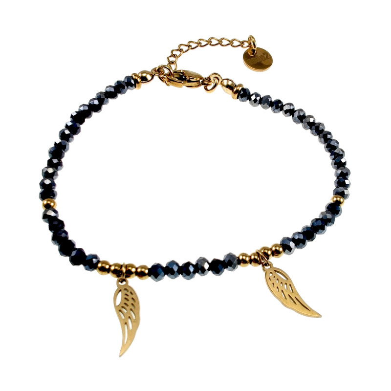 Verguld RVS Donkergrijsblauwe Kristallen Armband met Engelenvleugel Verguld RVS Donkergrijsblauwe Kristallen Armband met Engelenvleugel