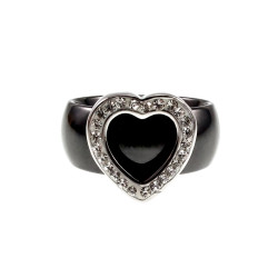 Ring Dames - Gepolijst RVS - Zwart Keramiek Ring met Hart - Brede Ring