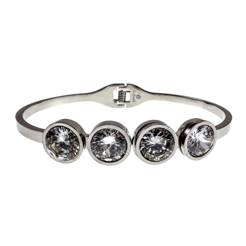 17 tot 19cm Bangle Dames - RVS Stijve Armband met Vier Zirkoniastenen 17 tot 19cm Bangle Dames - RVS Stijve Armband met Vier Zirkoniastenen