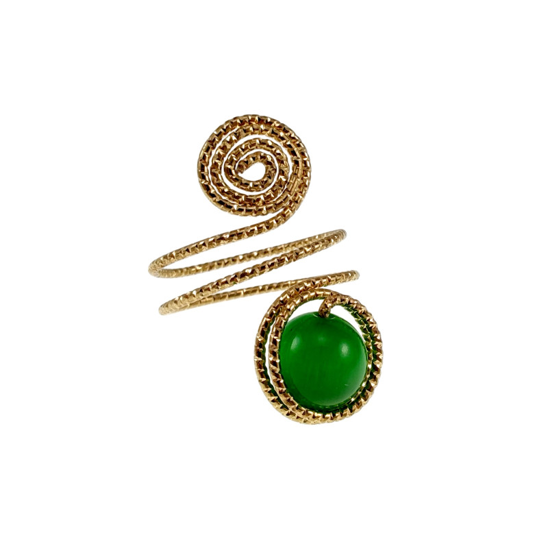 Ring Dames - Goudkleurig - Handgemaakte Aspiral en Groene Kattenoogring - Verstelbaar Ring - One Size Ring