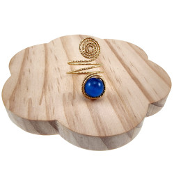 Ring Dames - Goudkleurig - Handgemaakte Aspiral en Blauwe Kattenoogring - Verstelbaar Ring - One Size Ring