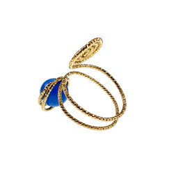 Ring Dames - Goudkleurig - Handgemaakte Aspiral en Blauwe Kattenoogring - Verstelbaar Ring - One Size Ring