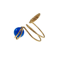 Ring Dames - Goudkleurig - Handgemaakte Aspiral en Blauwe Kattenoogring - Verstelbaar Ring - One Size Ring