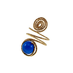 Ring Dames - Goudkleurig - Handgemaakte Aspiral en Blauwe Kattenoogring - Verstelbaar Ring - One Size Ring