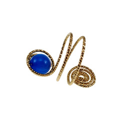 Ring Dames - Goudkleurig - Handgemaakte Aspiral en Blauwe Kattenoogring - Verstelbaar Ring - One Size Ring