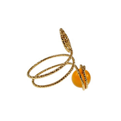 Ring Dames - Goudkleurig - Handgemaakte Aspiral en Amberkleur Kattenoogring - Verstelbaar Ring - One Size Ring