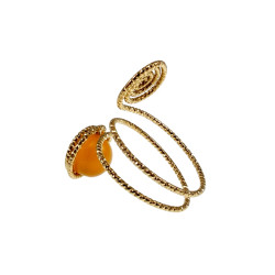 Ring Dames - Goudkleurig - Handgemaakte Aspiral en Amberkleur Kattenoogring - Verstelbaar Ring - One Size Ring