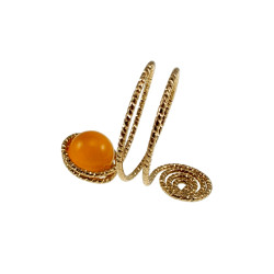 Ring Dames - Goudkleurig - Handgemaakte Aspiral en Amberkleur Kattenoogring - Verstelbaar Ring - One Size Ring