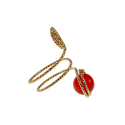 Ring Dames - Goudkleurig - Handgemaakte Aspiral en Rode Kattenoogring - Verstelbaar Ring - One Size Ring