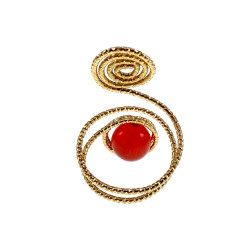 Ring Dames - Goudkleurig - Handgemaakte Aspiral en Rode Kattenoogring - Verstelbaar Ring - One Size Ring