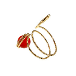 Ring Dames - Goudkleurig - Handgemaakte Aspiral en Rode Kattenoogring - Verstelbaar Ring - One Size Ring