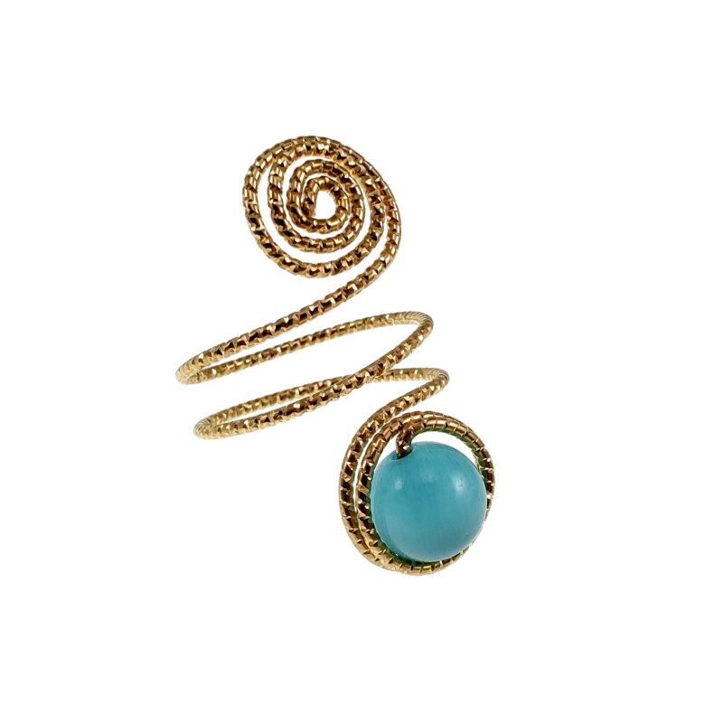 Ring Dames - Goudkleurig - Handgemaakte Aspiral en Turquoise Kattenoogring - Verstelbaar Ring - One Size Ring