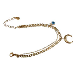 15cm tot 19cm Gelaagde Armband Dames - Verguld RVS - Dubbele Armband met Halve Maan en Turks Oog - Verstelbaar