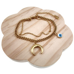 15cm tot 19cm Gelaagde Armband Dames - Verguld RVS - Dubbele Armband met Halve Maan en Turks Oog - Verstelbaar