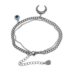 Gepolijst RVS Dubbele Armband met Halve Maan en Turks Oog Verstelbaar