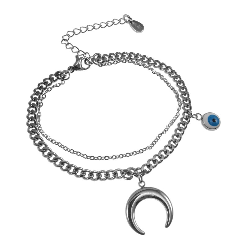 Gepolijst RVS Dubbele Armband met Halve Maan en Turks Oog Verstelbaar Gepolijst RVS Dubbele Armband met Halve Maan en Turks Oog Verstelbaar