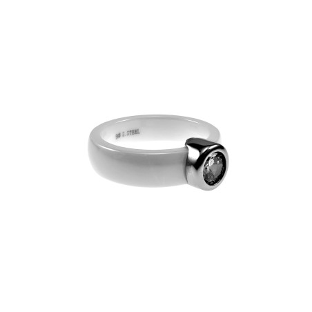 Keramiek Ring Dames - Wit Keramiek en RVS Ring met Zirkoniasteen