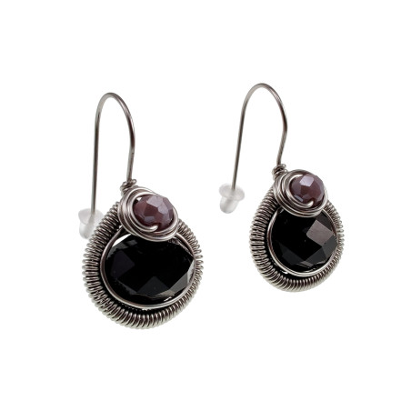 Dames RVS Druppelvormige Haakoorbellen met Zwarte Gefacetteerde Kristal