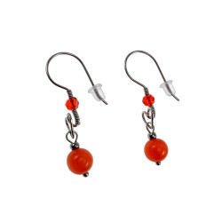 40mm Hartjes Oorhangers Dames - RVS - Lange Oorbellen - Haakoorbellen met Oranje-Rode Kattenoogsteen - Handgemaakt
