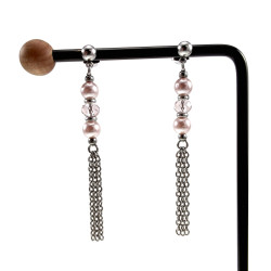 65 mm Lange Oorbellen Dames - Gepolist RVS - Elegante Roze Schelpparel- en Kristaloorbellen - Handgemaakt