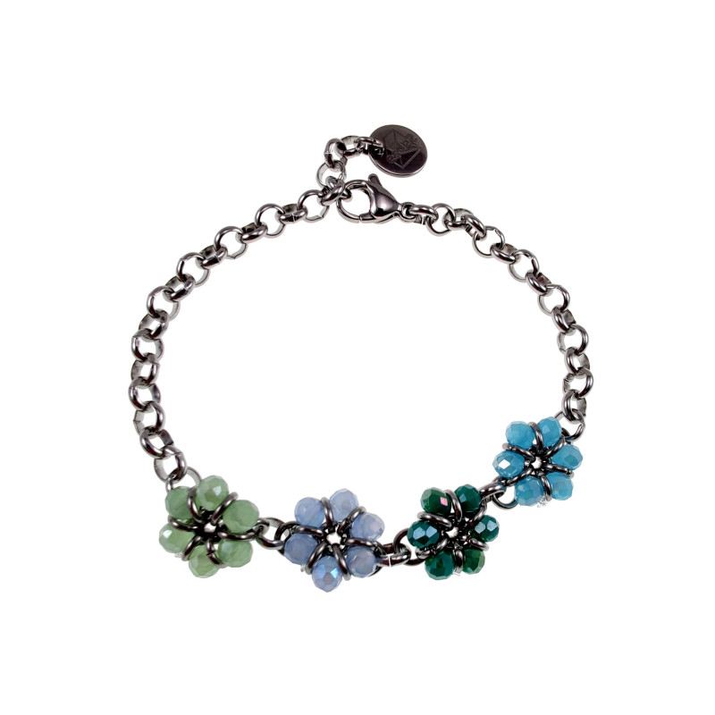 15 tot 19cm Armband Dames - Gepolijst RVS - Pastelkleurige Bloemenarmband met Gefacetteerde Kristallen - Handgemaakt