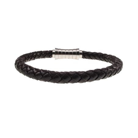 RVS en Echt Leer Donkerbruin Leren Armband - Ronde Gevlochten Armband