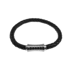 RVS en Echt Leer Zwarte Leren Armband - Ronde Gevlochten Armband Unisex