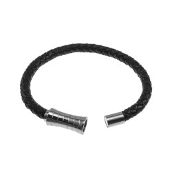 RVS en Echt Leer Zwarte Leren Armband - Ronde Gevlochten Armband Unisex