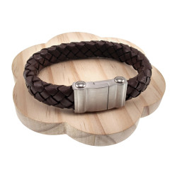 18cm Leren Armband Heren - Donkerbruin Leer Armband - Brede Gevlochten Armband - RVS Magneetsluiting
