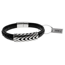 20cm Leer Armband Heren - Zwarte Leren Armband - Brede Armband met Gevlochten Details en Plaat - RVS Magneetsluiting