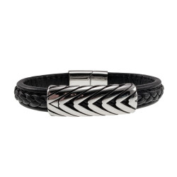 20cm Leer Armband Heren - Zwarte Leren Armband - Brede Armband met Gevlochten Details en Plaat - RVS Magneetsluiting