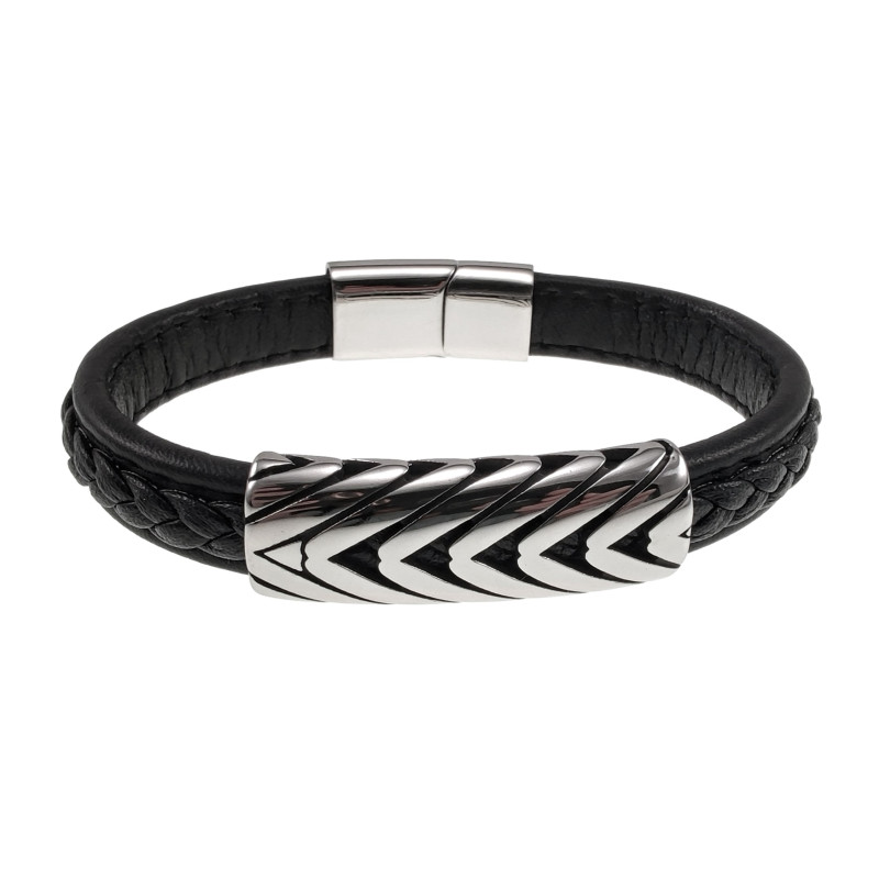 20cm Leer Armband Heren - Zwarte Leren Armband - Brede Armband met Gevlochten Details en Plaat - RVS Magneetsluiting