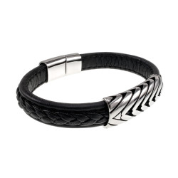 20cm Leer Armband Heren - Zwarte Leren Armband - Brede Armband met Gevlochten Details en Plaat - RVS Magneetsluiting