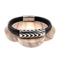 20cm Leer Armband Heren - Zwarte Leren Armband - Brede Armband met Gevlochten Details en Plaat - RVS Magneetsluiting