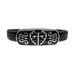 18cm Leer Armband Heren - Zwarte Leren Armband - Brede Herenarmband met Schild- en Kruisdetails - RVS Magneetsluiting