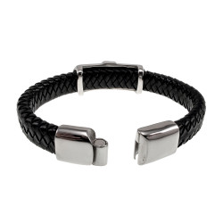 18cm Leer Armband Heren - Zwarte Leren Armband - Brede Herenarmband met Schild- en Kruisdetails - RVS Magneetsluiting
