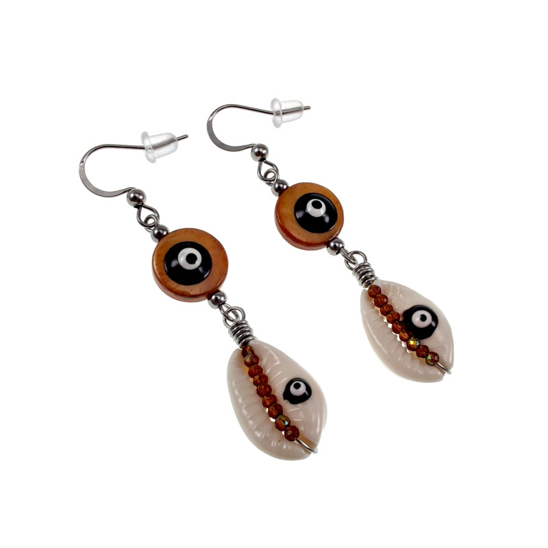 Dames RVS Haakoorbellen met Bruine Schelp Versierd met Zwart Turkse Oog Dames RVS Haakoorbellen met Bruine Schelp Versierd met Zwart Turkse Oog