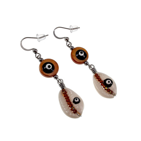 Dames RVS Haakoorbellen met Bruine Schelp Versierd met Zwart Turkse Oog