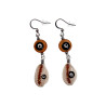 Dames RVS Haakoorbellen met Bruine Schelp Versierd met Zwart Turkse Oog