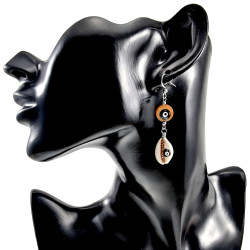 Dames RVS Haakoorbellen met Bruine Schelp Versierd met Zwart Turkse Oog