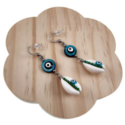 60mm Lange Oorbellen Dames - RVS - Haakoorbellen met Turquoise Groene Schelp Versierd met Zwart Turkse Oog - Handgemaakt